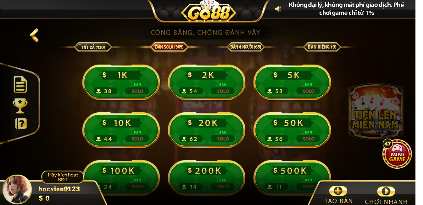 Tiến lên miền nam trò chơi hấp dẫn nhất tại go88 apk