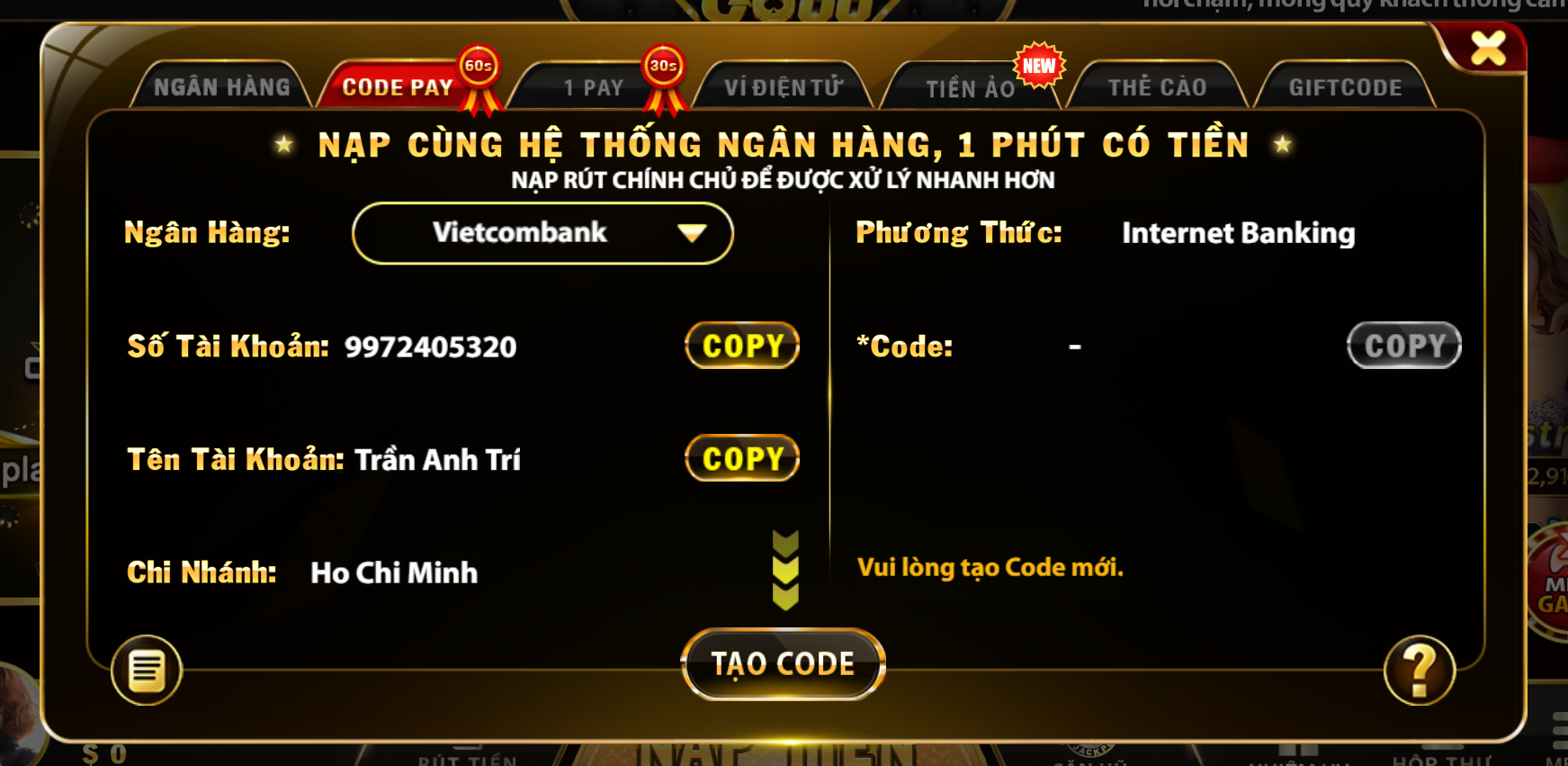 Nạp rút nhanh chóng đơn giản Go88 apk