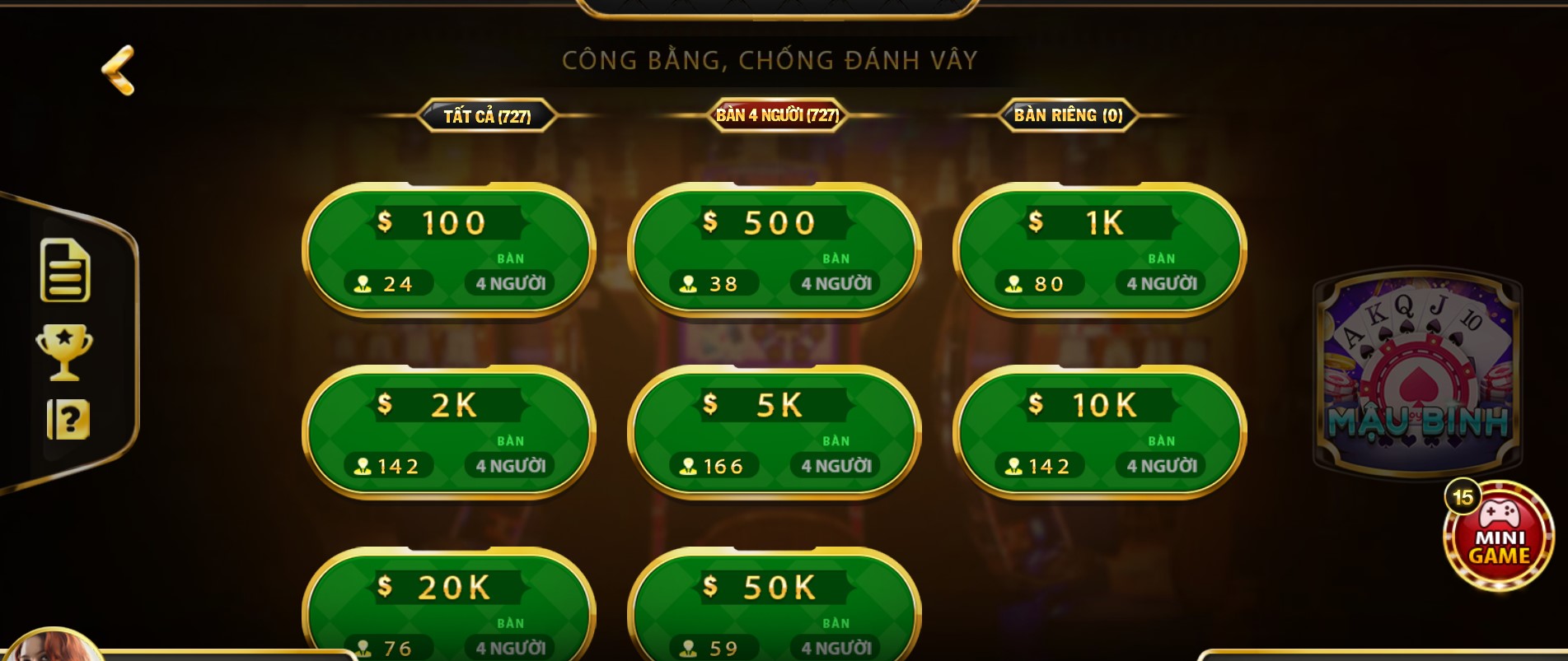 Các bàn chơi Mậu binh trên GO88