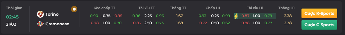 Tỷ lệ kèo Torino vs Cremonese trận đấu ngày 21/01_ Go88 club