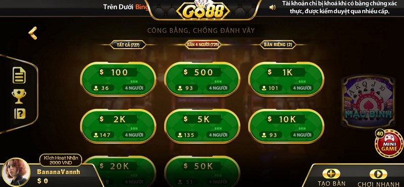 thay đổi chiến thuật thường xuyên khi cược Mậu binh trên Go88 club