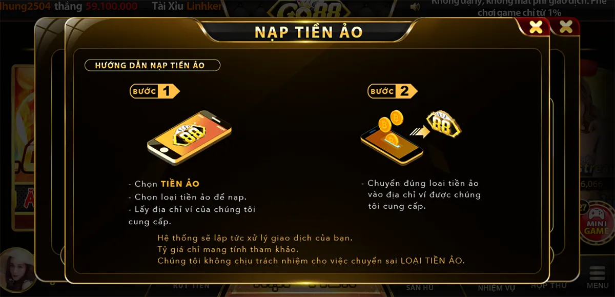 Hướng dẫn nạp tiền vào tài khoản GO88 bằng tiền ảo