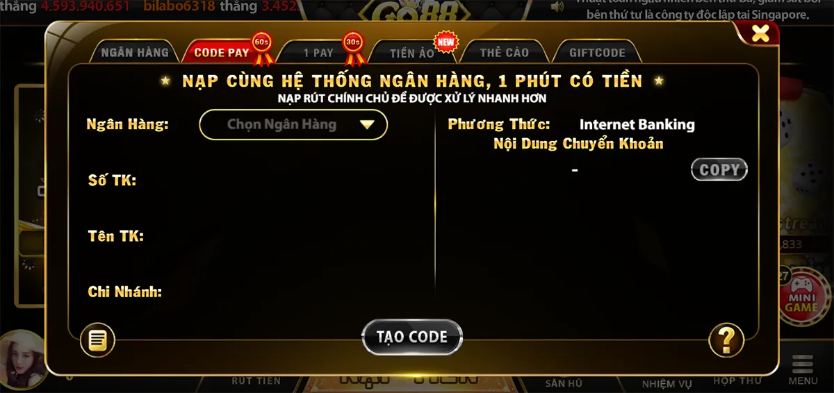 Cách nạp tiền Go88 nhanh chóng thông qua Code Pay