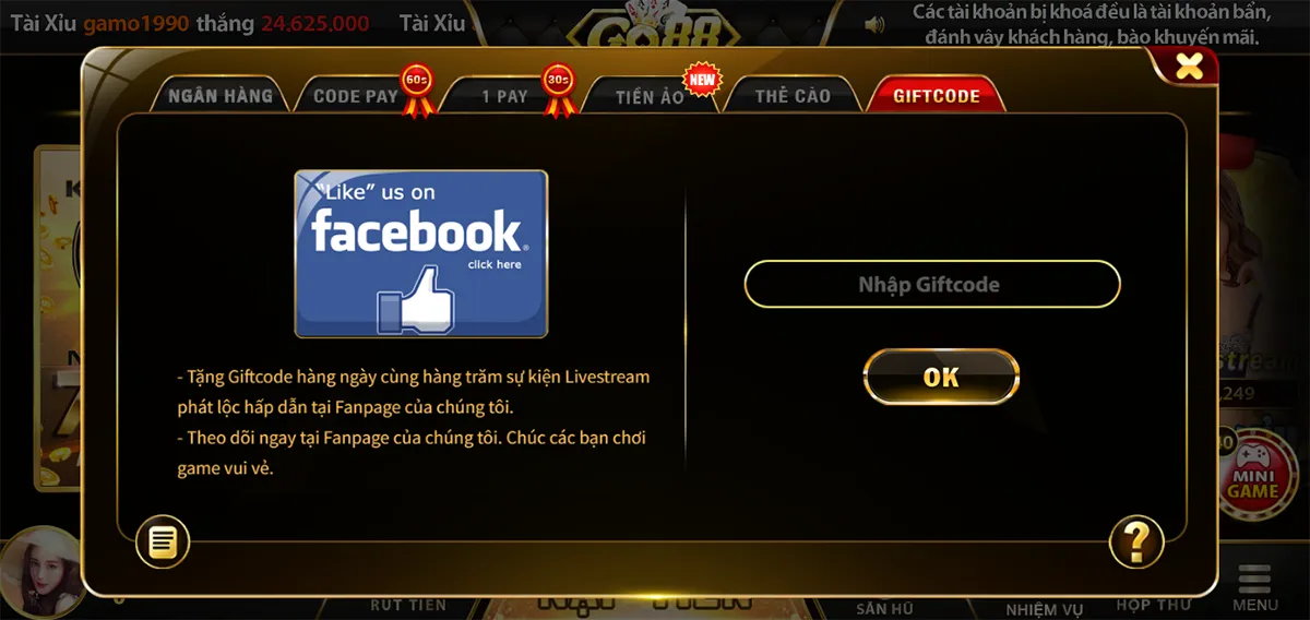 Cách nạp tiền nhanh chóng thông qua gift code Go88