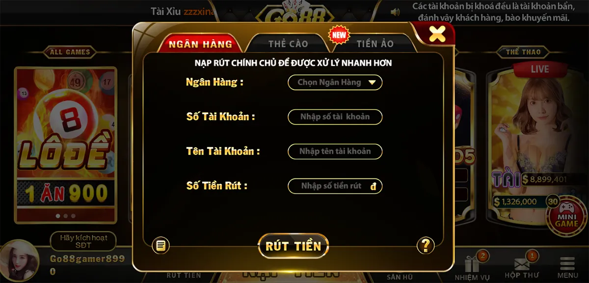 Các phương thức rút tiền tại GO88